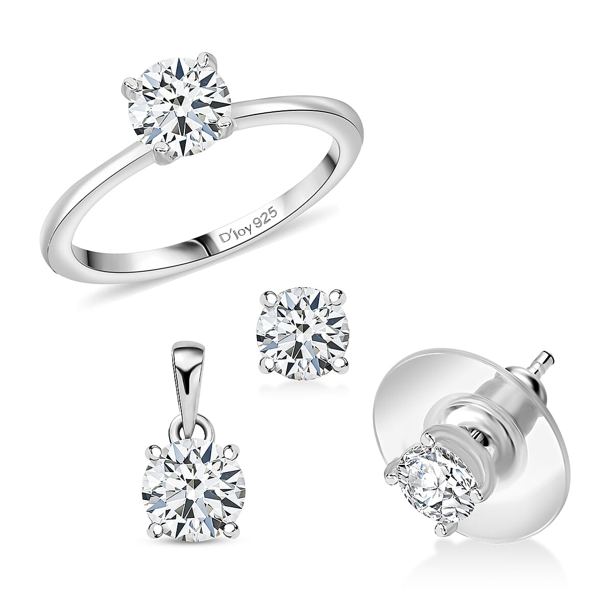 3 Piece Set - D'Joy Moissanite (Rnd 6mm) Solitaire Ring (Size 5), Pendant without Chain and Stud Earrings in Platinum Over Sterling Silver 2.40 ctw image number 0
