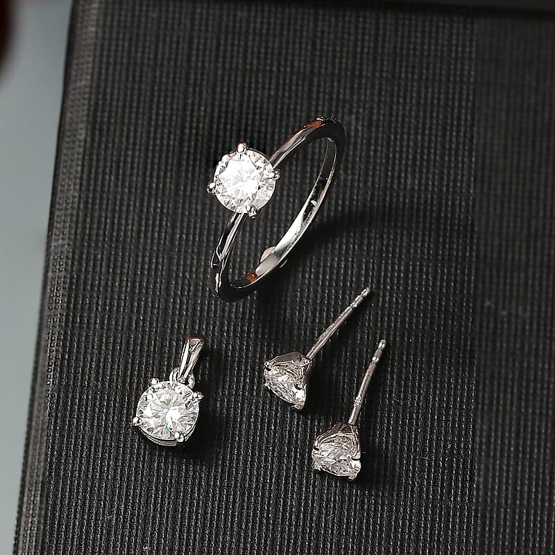 3 Piece Set - D'Joy Moissanite (Rnd 6mm) Solitaire Ring (Size 5), Pendant without Chain and Stud Earrings in Platinum Over Sterling Silver 2.40 ctw