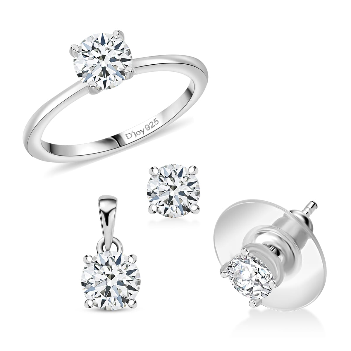 3 Piece Set - D'Joy Moissanite 2.40 ctw Solitaire Ring (Size 6), Pendant and Stud Earrings in Platinum Over Sterling Silver image number 0