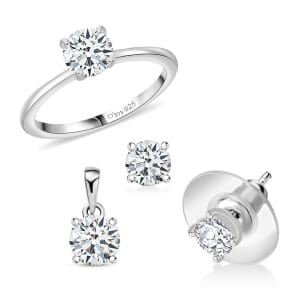 3 Piece Set - D'Joy Moissanite 2.40 ctw Solitaire Ring (Size 6), Pendant and Stud Earrings in Platinum Over Sterling Silver
