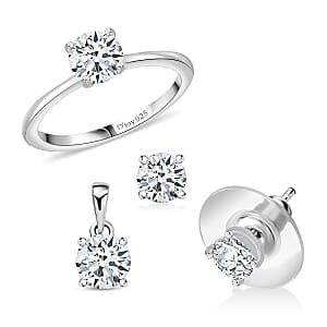 3 Piece Set - D'Joy Moissanite (Rnd 6mm) Solitaire Ring (Size 8), Pendant without Chain and Stud Earrings in Platinum Over Sterling Silver 2.40 ctw