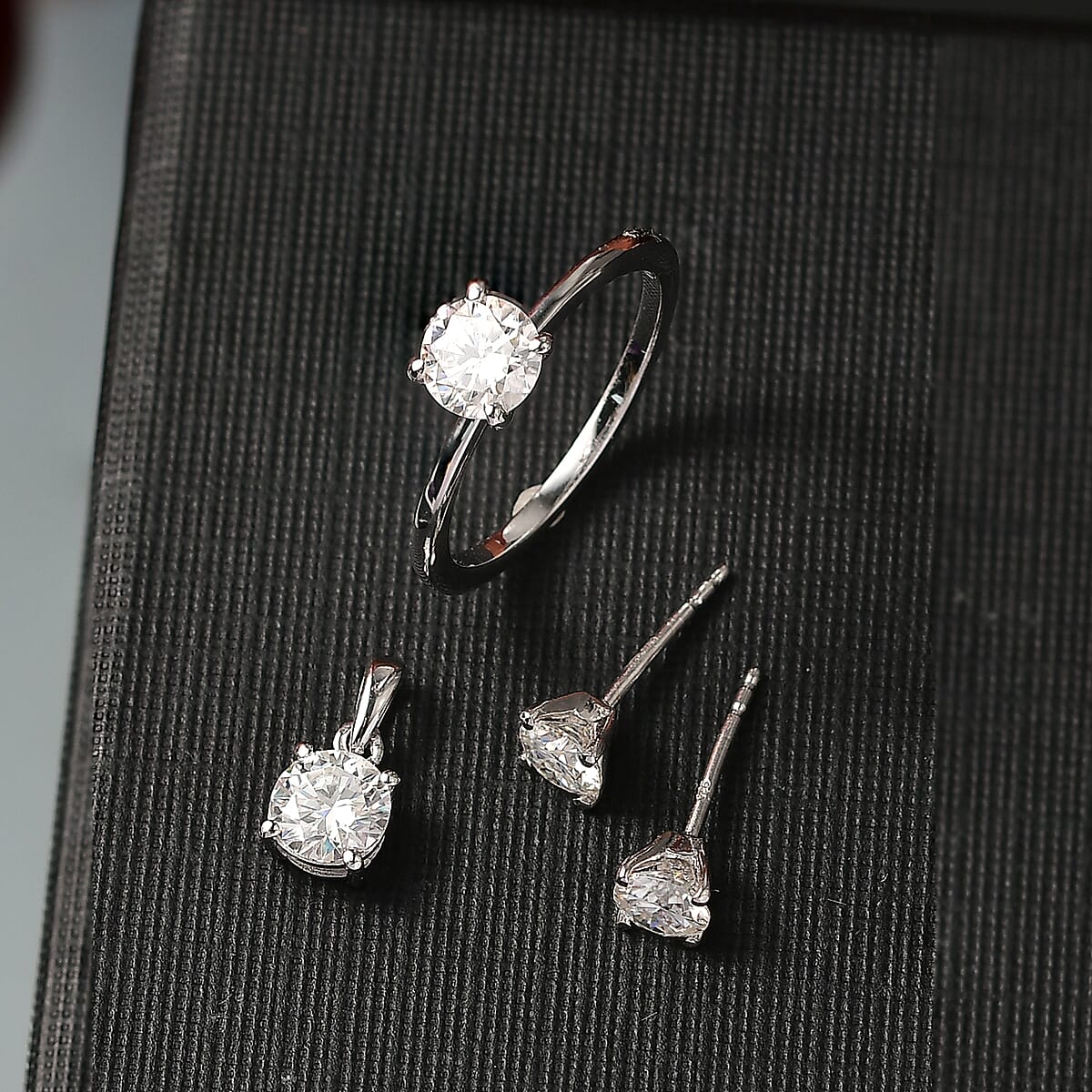 3 Piece Set - D'Joy Moissanite (Rnd 6mm) Solitaire Ring (Size 8), Pendant without Chain and Stud Earrings in Platinum Over Sterling Silver 2.40 ctw image number 1