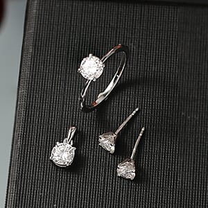 3 Piece Set - D'Joy Moissanite (Rnd 6mm) Solitaire Ring (Size 8), Pendant without Chain and Stud Earrings in Platinum Over Sterling Silver 2.40 ctw