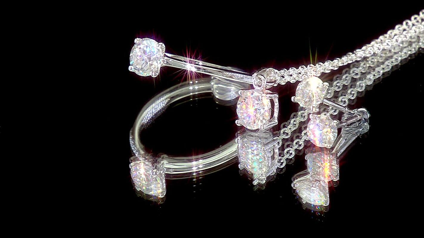 3 Piece Set - D'Joy Moissanite (Rnd 6mm) Solitaire Ring (Size 5), Pendant and Stud Earrings in Platinum Over Sterling Silver 2.40 ctw