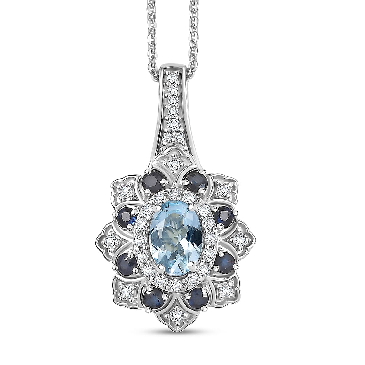 Doorbuster D’Joy Mangoro Aquamarine and Multi Gemstone 1.50 ctw Tulip Pendant Necklace in Rhodium Over Sterling Silver 20 Inches image number 0