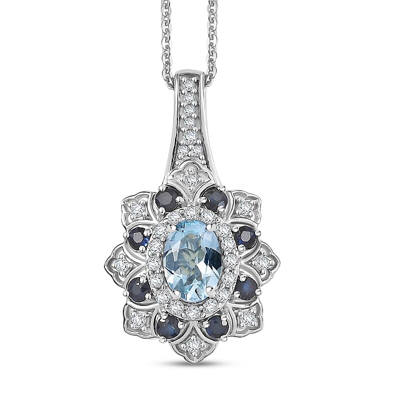 D'Joy Mangoro Aquamarine, Multi Gemstone Tulip Pendant Necklace in Rhodium Over Sterling Silver 1.50 ctw (20 Inches)