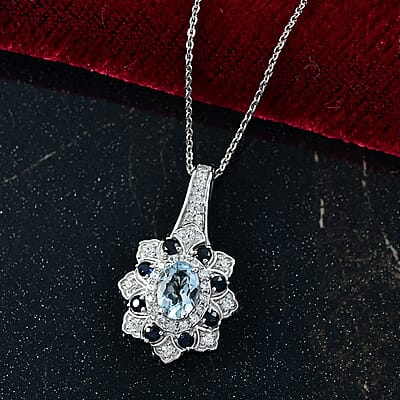D'Joy Mangoro Aquamarine, Multi Gemstone Tulip Pendant Necklace in Rhodium Over Sterling Silver 1.50 ctw (20 Inches)