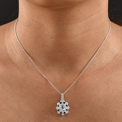 D'Joy Mangoro Aquamarine, Multi Gemstone Tulip Pendant Necklace in Rhodium Over Sterling Silver 1.50 ctw (20 Inches)