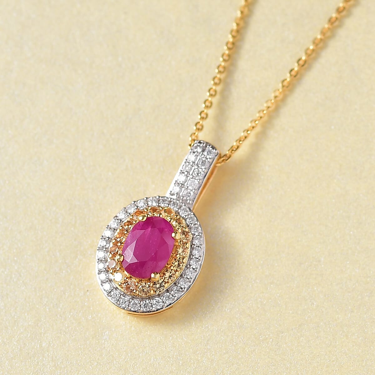 D’Joy Premium Mozambique Ruby and Multi Gemstone 1.60 ctw Sunfire Regalia Pendant Necklace 20 Inches in 18K Vermeil Yellow Gold Over Sterling Silver image number 1
