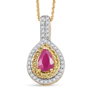 D’Joy Premium Mozambique Ruby, Multi Gemstone 1.50 ctw Sunfire Regalia Pendant Necklace 20 Inches in 18K Vermeil Yellow Gold Over Sterling Silver