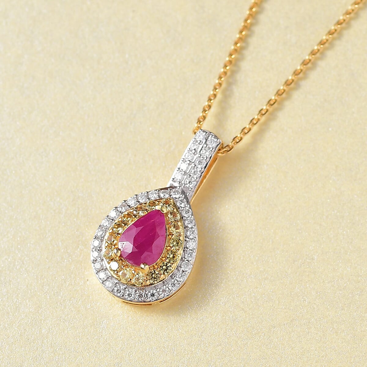 D’Joy Premium Mozambique Ruby, Multi Gemstone 1.50 ctw Sunfire Regalia Pendant Necklace 20 Inches in 18K Vermeil Yellow Gold Over Sterling Silver image number 1