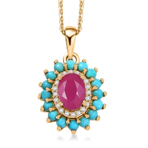 D’Joy Premium Mozambique Ruby and Multi Gemstone 1.75 ctw Royal Bloom Pendant Necklace 20 Inches in 18K Vermeil Yellow Gold Over Sterling Silver