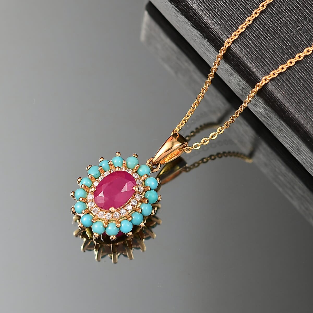 D’Joy Premium Mozambique Ruby and Multi Gemstone 1.75 ctw Royal Bloom Pendant Necklace 20 Inches in 18K Vermeil Yellow Gold Over Sterling Silver image number 1