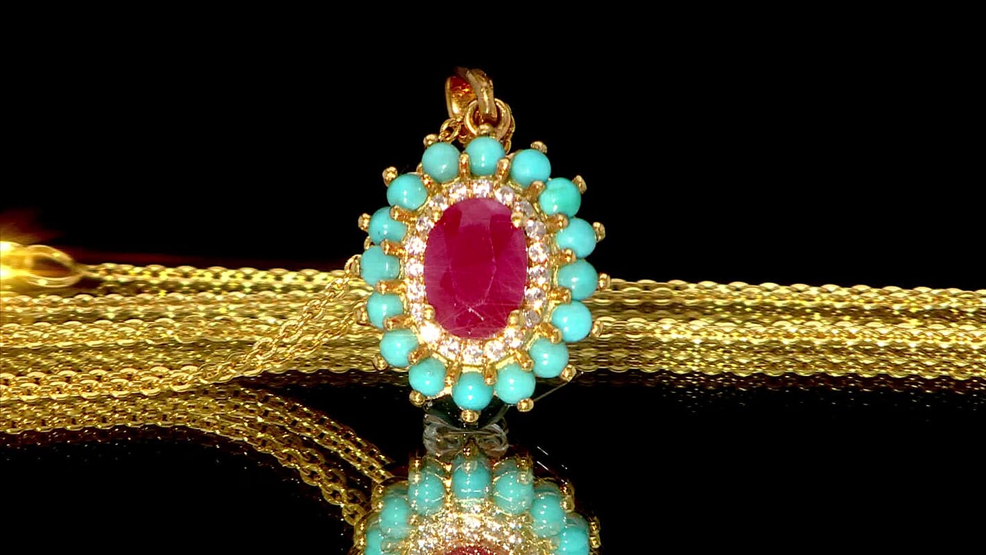 D'Joy Premium Montepuez Ruby and Multi Gemstone 1.75 ctw Royal Bloom Pendant Necklace 20 Inches in 18K Vermeil Yellow Gold Over Sterling Silver
