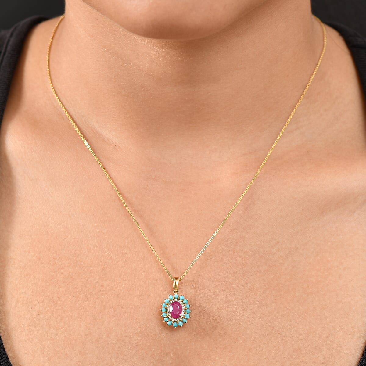 D’Joy Premium Mozambique Ruby and Multi Gemstone 1.75 ctw Royal Bloom Pendant Necklace 20 Inches in 18K Vermeil Yellow Gold Over Sterling Silver image number 2