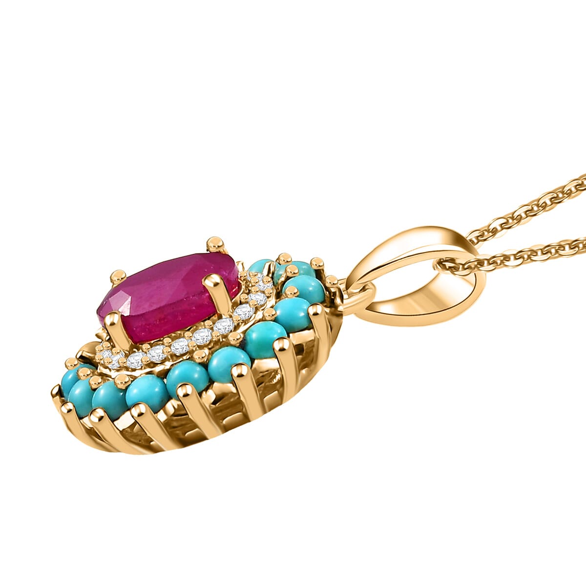 D’Joy Premium Mozambique Ruby and Multi Gemstone 1.75 ctw Royal Bloom Pendant Necklace 20 Inches in 18K Vermeil Yellow Gold Over Sterling Silver image number 3