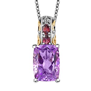 EverTrue Rose De France Amethyst and Orissa Rhodolite Garnet 6.90 ctw Pendant in 18K YG Plated and Platinum Bond with Stainless Steel Necklace 20 Inches