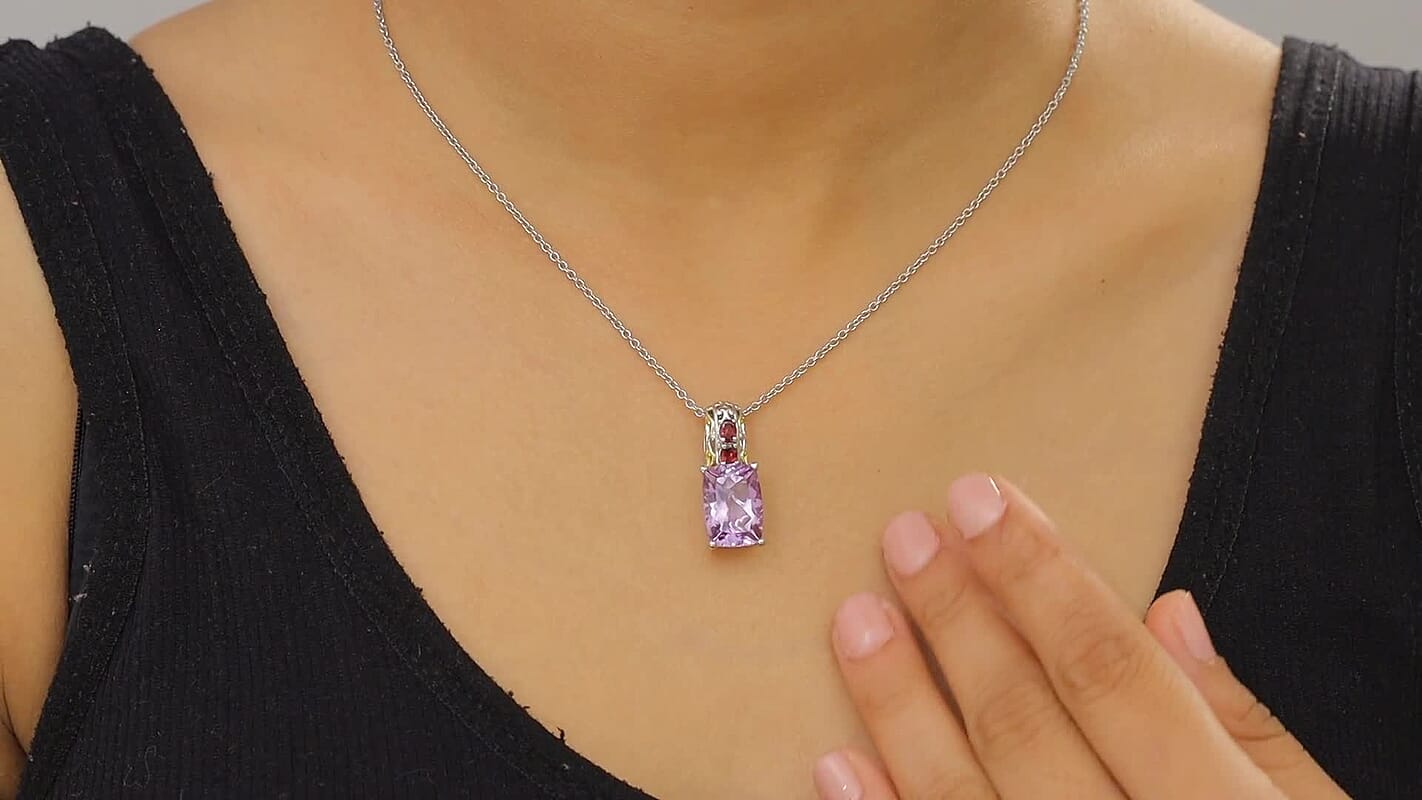 EverTrue Rose De France Amethyst and Orissa Rhodolite Garnet 6.90 ctw Pendant in 18K YG Plated and Platinum Bond with Stainless Steel Necklace 20 Inches
