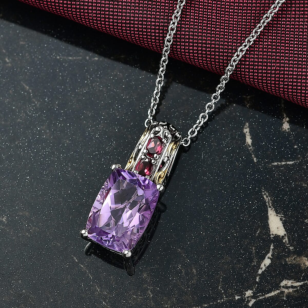 EverTrue Rose De France Amethyst and Orissa Rhodolite Garnet 6.90 ctw Pendant in 18K YG Plated and Platinum Bond with Stainless Steel Necklace 20 Inches image number 1