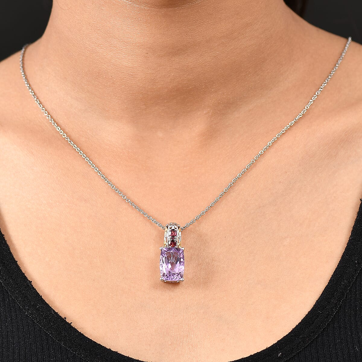 EverTrue Rose De France Amethyst and Orissa Rhodolite Garnet 6.90 ctw Pendant in 18K YG Plated and Platinum Bond with Stainless Steel Necklace 20 Inches image number 2