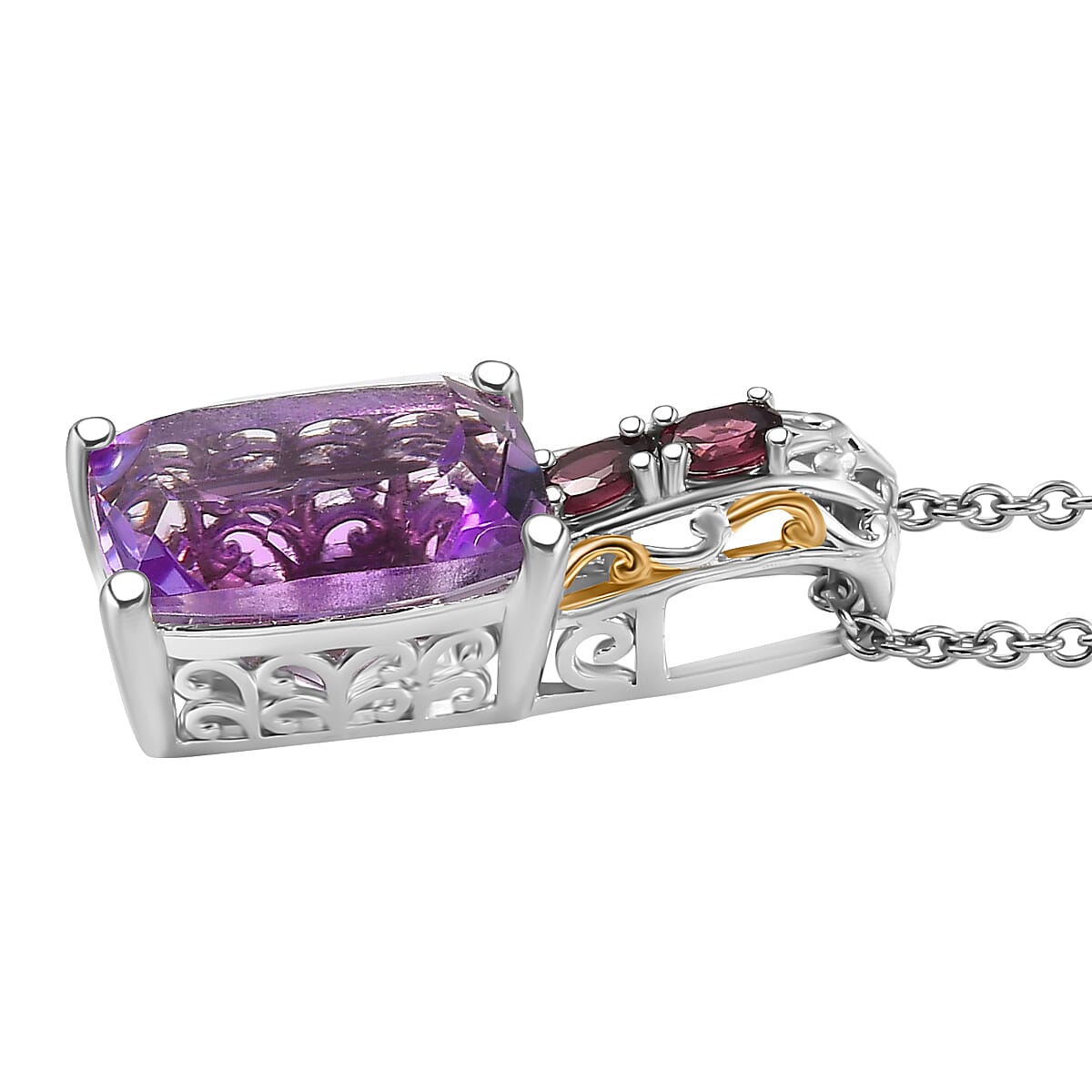 EverTrue Rose De France Amethyst and Orissa Rhodolite Garnet 6.90 ctw Pendant in 18K YG Plated and Platinum Bond with Stainless Steel Necklace 20 Inches image number 3