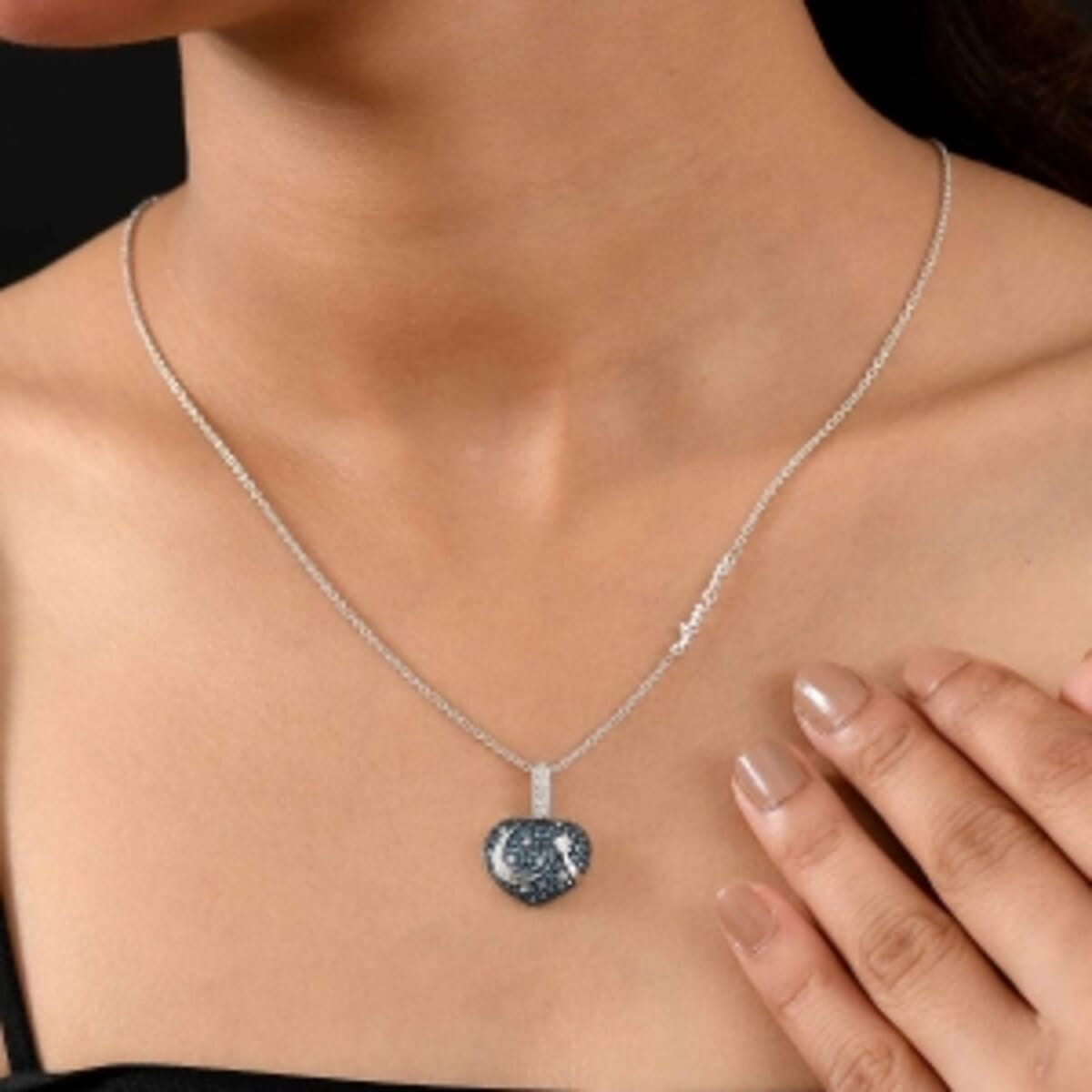 GP Blue Diamond and White Diamond 1.04 ctw Pendant in Rhodium Over Sterling Silver (6.86 g) image number 2