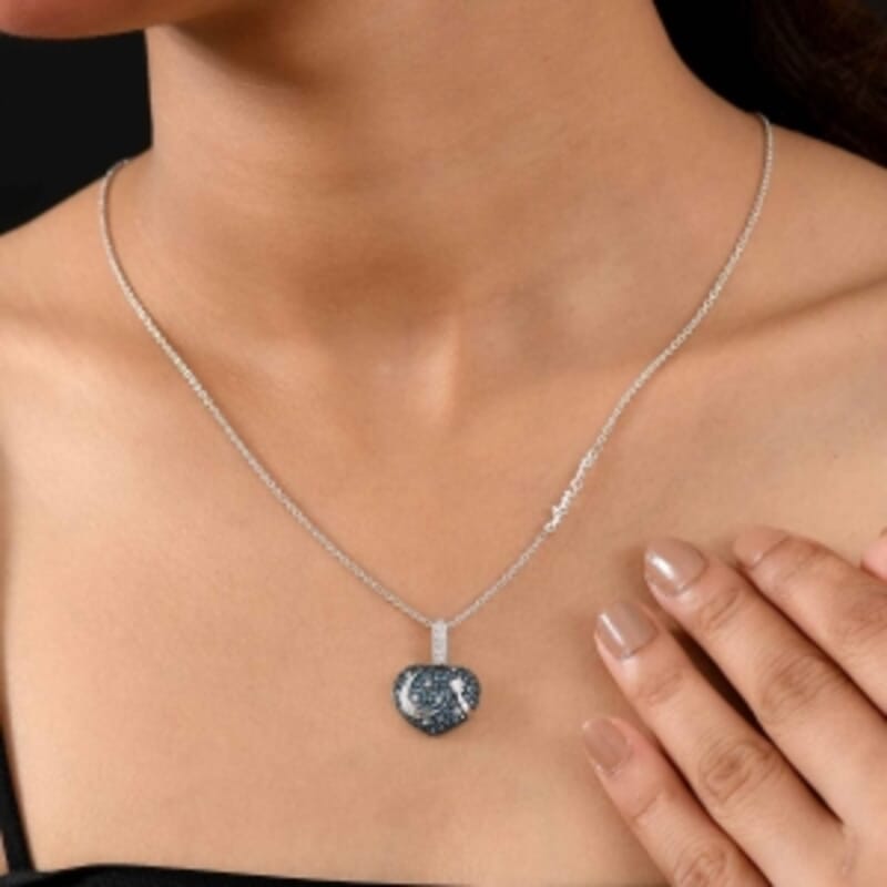 GP Blue Diamond and White Diamond 1.04 ctw Pendant in Rhodium Over Sterling Silver (6.86 g)