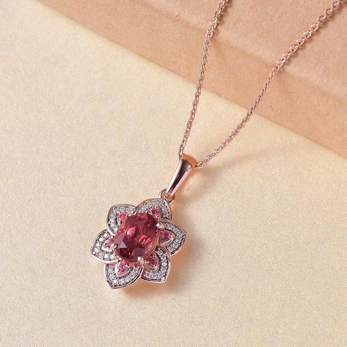 D'Joy Red Apatite and Multi Gemstone 1.85 ctw Lotus Bloom Pendant Necklace 20 Inches in 18K Vermeil Rose Gold Over Sterling Silver image number 1