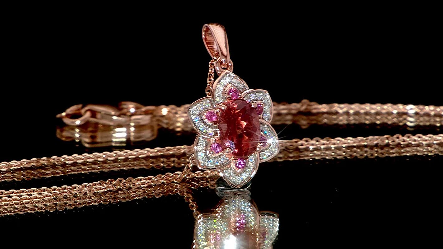 D'Joy Red Apatite and Multi Gemstone 1.50 ctw Blazing Bloom Pendant Necklace 20 Inches in 18K Vermeil Rose Gold Over Sterling Silver