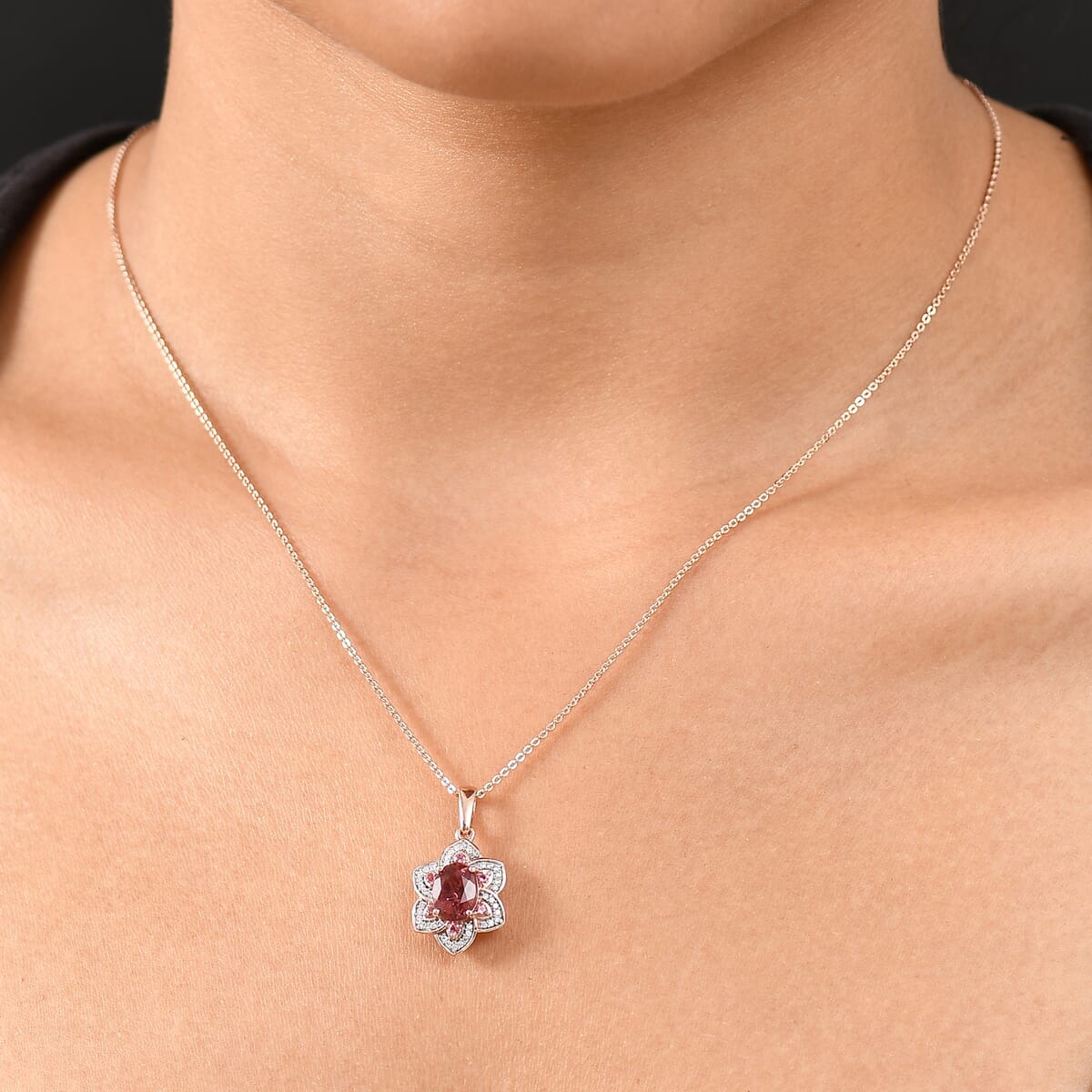 D'Joy Red Apatite and Multi Gemstone 1.85 ctw Lotus Bloom Pendant Necklace 20 Inches in 18K Vermeil Rose Gold Over Sterling Silver image number 2