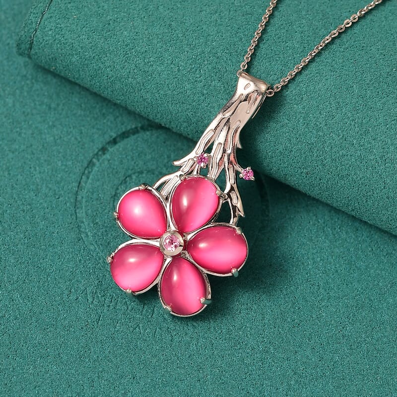 GP Mulberry Moonstone and Madagascar Pink Sapphire 10.15 ctw Pendant Necklace in Rhodium Over Sterling Silver 18 Inches 