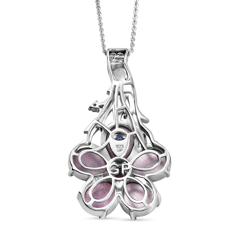 GP Mulberry Moonstone and Madagascar Pink Sapphire 10.15 ctw Pendant Necklace in Rhodium Over Sterling Silver 18 Inches 