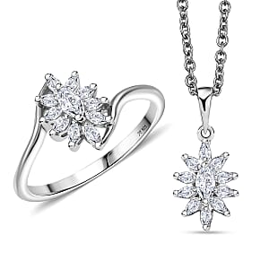 J Francis Embellished with Zirconia by Swarovski 2.25 ctw Stellar Bloom Ring (Size 6.0) and Pendant Necklace 20 Inches in Platinum Over Sterling Silver 