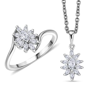 J Francis Embellished with Zirconia by Swarovski 2.25 ctw Ring (Size 9.0) and Pendant Necklace in Platinum Over Sterling Silver 20 Inches