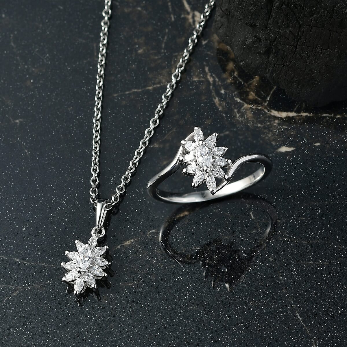 J Francis Embellished with Zirconia by Swarovski 2.25 ctw Ring (Size 9.0) and Pendant Necklace in Platinum Over Sterling Silver 20 Inches image number 1