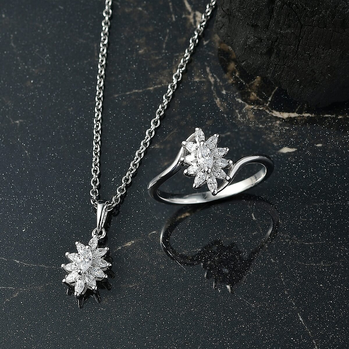 J Francis Embellished with Zirconia by Swarovski Stellar Bloom Ring (Size 10.0) and Pendant Necklace (20 Inches) in Platinum Over Sterling Silver 2.25 ctw image number 1