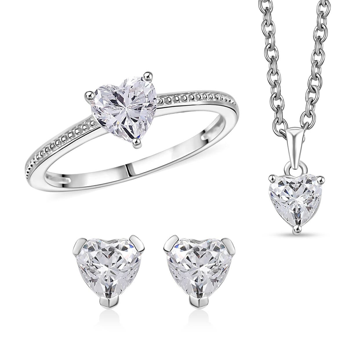 J Francis Embellished with Zirconia by Swarovski 3.80 ctw Earrings, Ring (Size 7.0) and Pendant in Platinum Over Sterling Silver with Stainless Steel Necklace 20 Inches image number 0