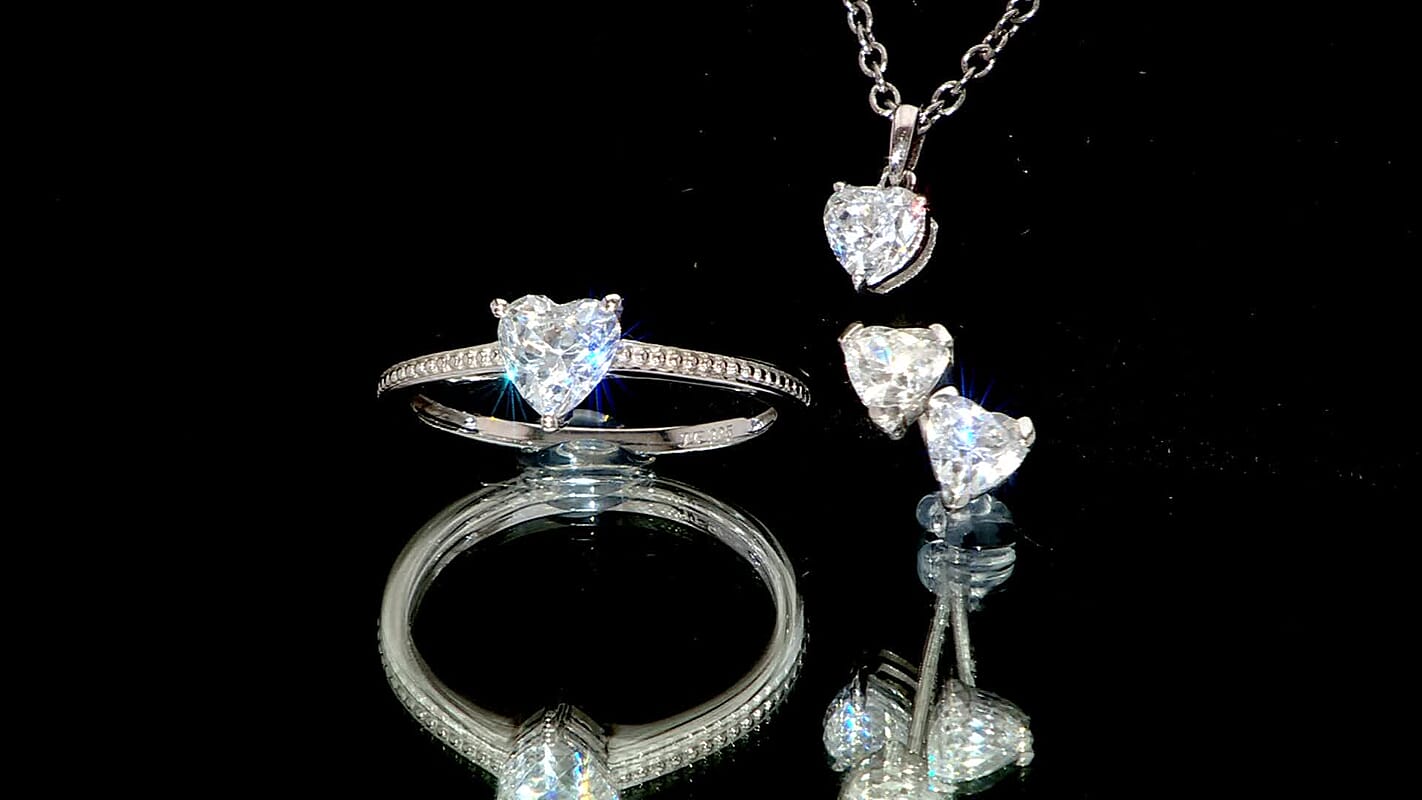 J Francis Embellished with Zirconia by Swarovski 3.80 ctw Earrings, Ring and Pendant in Platinum Over Sterling Silver with Stainless Steel Necklace 20 Inches