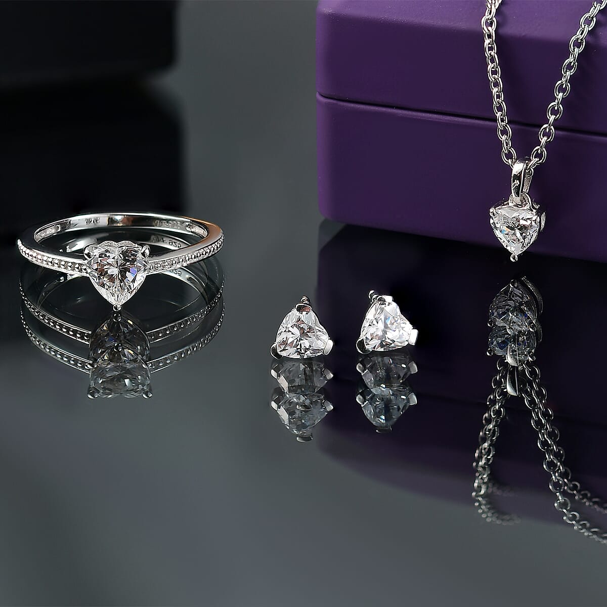 J Francis Embellished with Zirconia by Swarovski 3.80 ctw Luna Love Earrings, Ring (Size 9.0) and Pendant in Platinum Over Sterling Silver with Stainless Steel Necklace 20 Inches image number 1