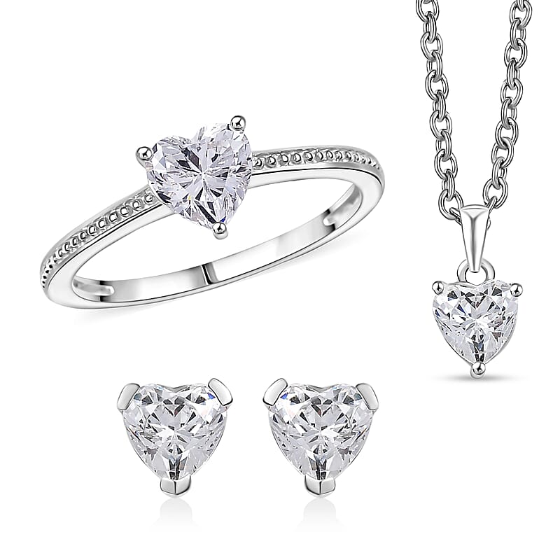 J Francis Embellished with Zirconia by Swarovski 3.80 ctw Luna Love Earrings, Ring (Size 10.0) and Pendant in Platinum Over Sterling Silver with Stainless Steel Necklace 20 Inches