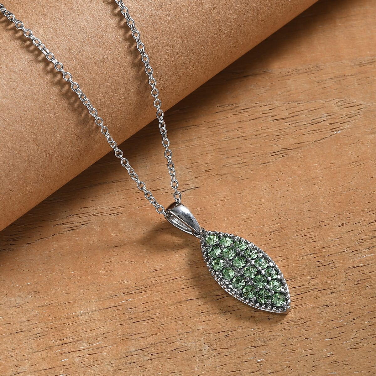 J Francis Embellished with Peridot Crystal by Swarovski Celestial Fern Pendant Necklace (20 Inches) in Stainless Steel image number 1