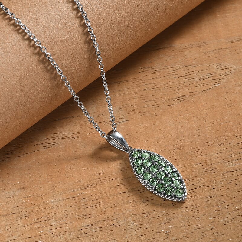 J Francis Embellished with Peridot Crystal by Swarovski Celestial Fern Pendant Necklace (20 Inches) in Stainless Steel