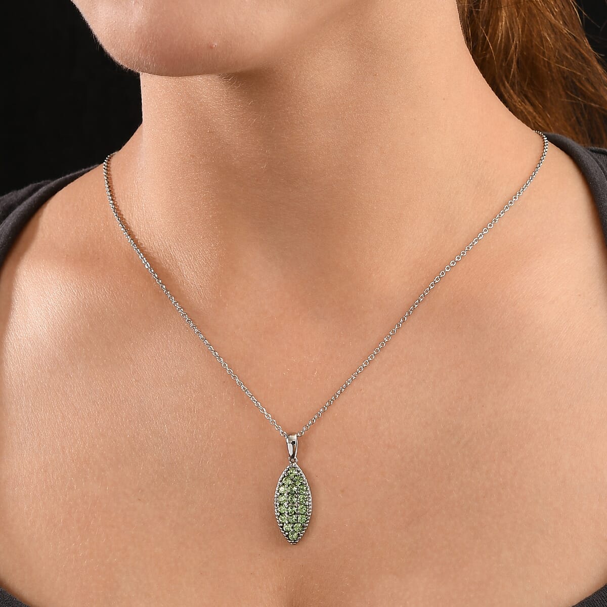 J Francis Embellished with Peridot Crystal by Swarovski Celestial Fern Pendant Necklace (20 Inches) in Stainless Steel image number 2