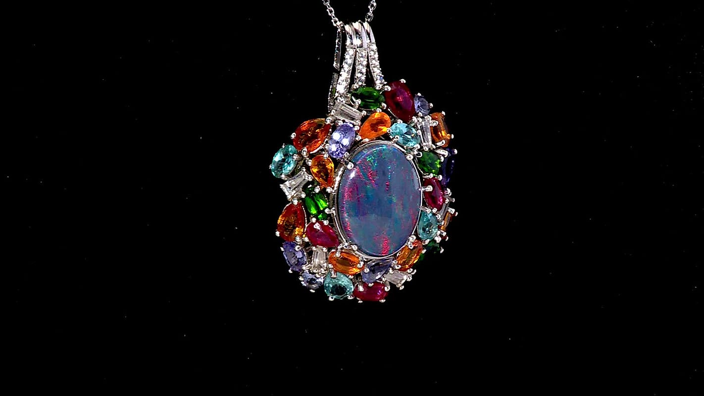 D'Joy Elysian Opal (Triplet) 13.40 ctw Pendant Necklace 20 Inches in Rhodium Over Sterling Silver
