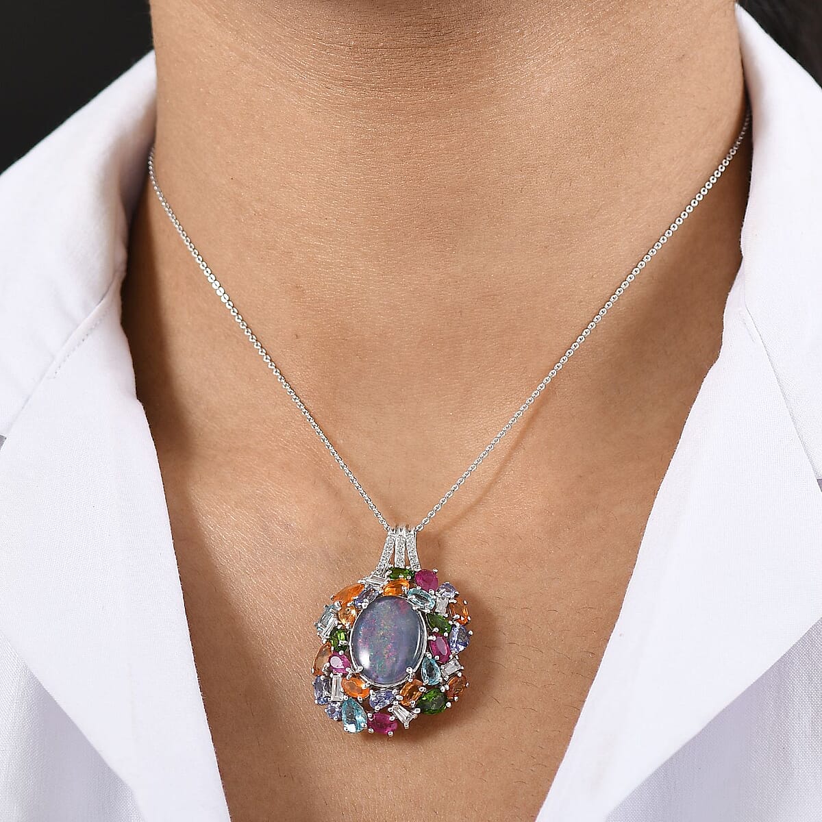 D'Joy Elysian Opal (Triplet) 13.40 ctw Pendant Necklace 20 Inches in Rhodium Over Sterling Silver image number 2
