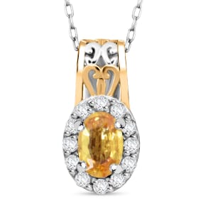 D'Joy Madagascar Yellow Sapphire and White Zircon 0.85 ctw Art Deco Pendant Necklace in 18K Vermeil YG and Rhodium Over Sterling Silver 20 Inches