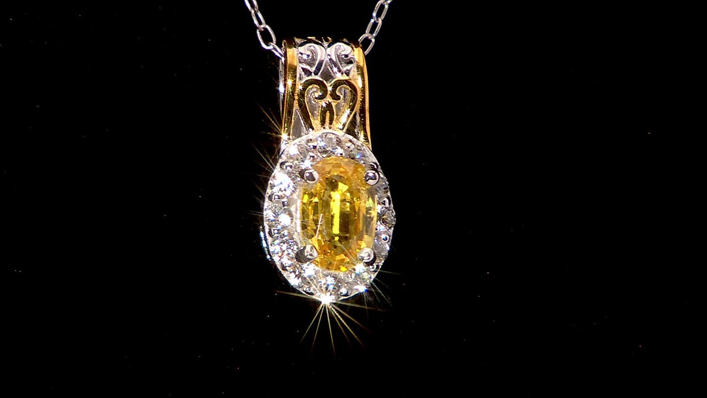D'Joy Madagascar Yellow Sapphire and White Zircon 0.85 ctw Art Deco Pendant Necklace in 18K Vermeil YG and Rhodium Over Sterling Silver 20 Inches