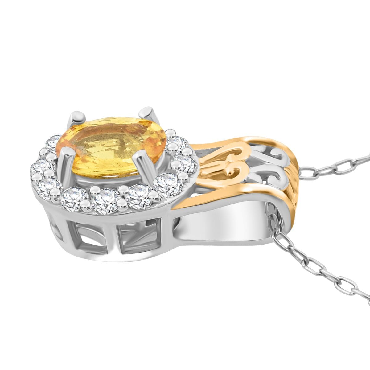 D'Joy Madagascar Yellow Sapphire and White Zircon 0.85 ctw Art Deco Pendant Necklace in 18K Vermeil YG and Rhodium Over Sterling Silver 20 Inches image number 3