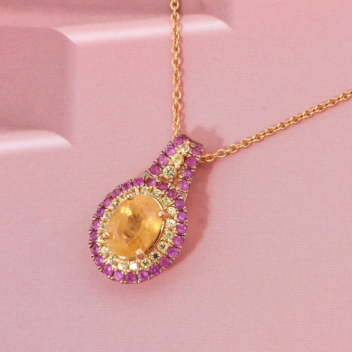 D'Joy Madagascar Yellow Sapphire and Pink Sapphire 2.40 ctw Pendant Necklace in 18K Vermeil Yellow Gold Over Sterling Silver 20 Inches image number 1