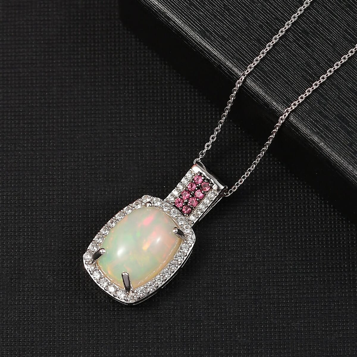 D'Joy Premium Ethiopian Welo Opal and Multi Gemstone 6.00 ctw Pendant Necklace 20 Inches in Rhodium Over Sterling Silver  image number 1